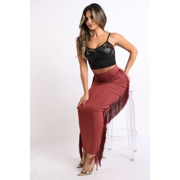 Women's Sexy Fringe Maxi Bodycon Midi Pencil Skirt High Waisted Tassels Side - Picture 4 of 12